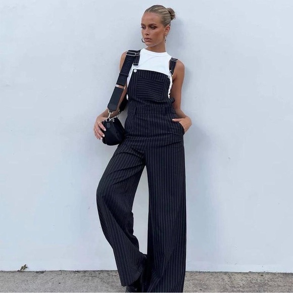 Princess Polly Denim - Princess Polly Hayden Black  White Pinstripe Print Wide Leg Overalls Size 12